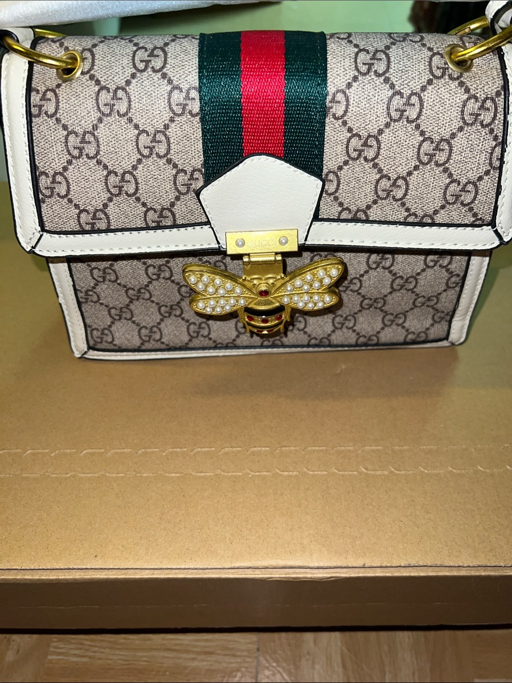 Beige Monogram Crossbody with White Trim and Red-Green Stripe